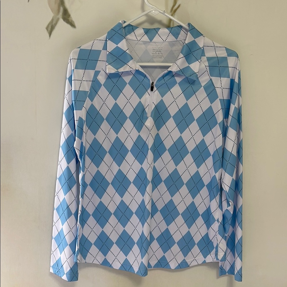 Trendimax Blue and White Argyle Pattern Women's Golf Athletic 1/4 Zip Top - Picture 1 of 5
